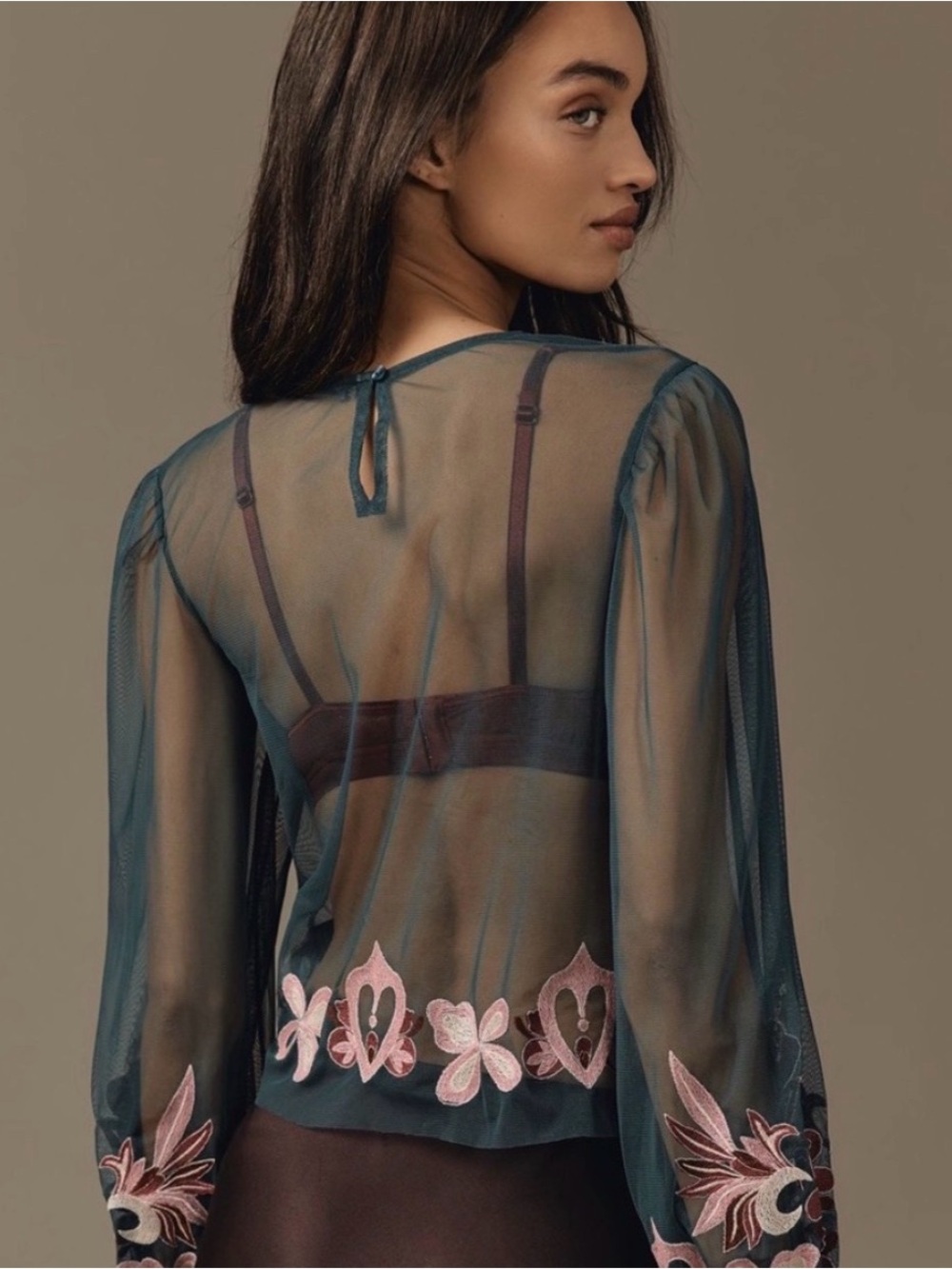By Anthropologie Teal Embroidered Mesh Top Pink Flowers Metallic Thread XL - Picture 5 of 8